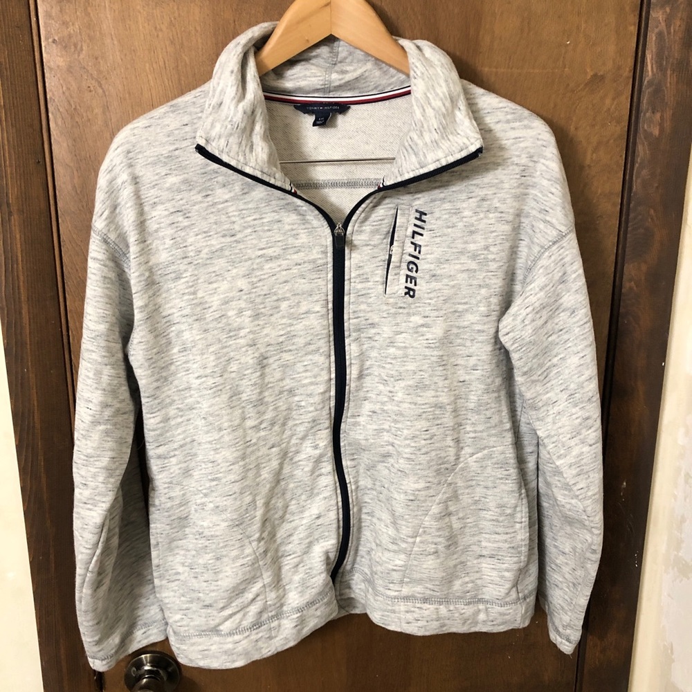 Tommy Hilfiger Track Jacket Womens Size Large Heather Gray Full Zip Terry Knit